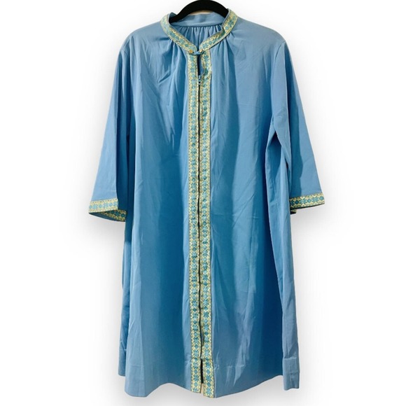 1960s Flowy Blue and Gold Mini Dress, vintage kaftan loungewear - Picture 1 of 3